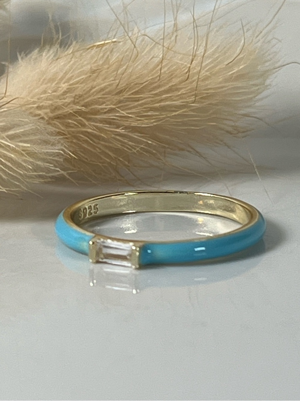 Gold Plated 925 Sterling Silver Turquoise Colored Enamel Ring CZ Size 7
